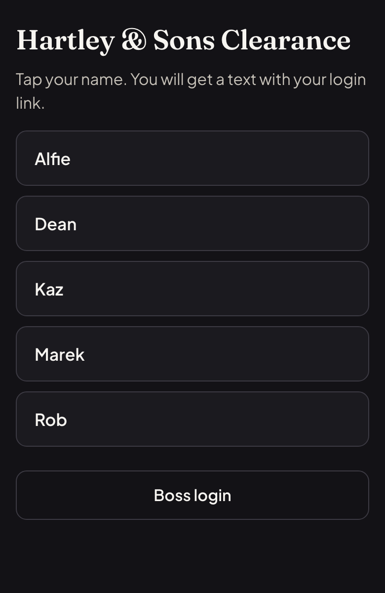 The SkipOps sign-in on a phone: the crew tap their own name and get a text back. No app, no password.